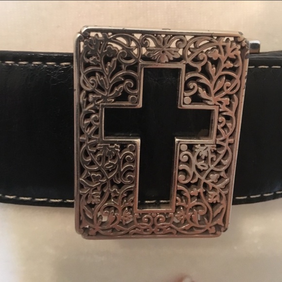 EUC Brighton Silver Cross Black Leather Belt